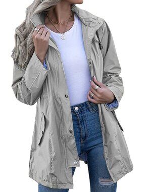 Women's Grey Hooded Striped Lined Waterproof Active Hiking Packable Rain Jacket